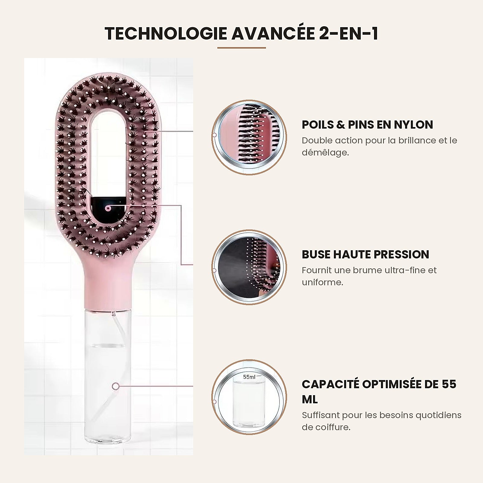 Technologie 2-en-1 : poils et pins en nylon, buse haute pression, réservoir 55 ml